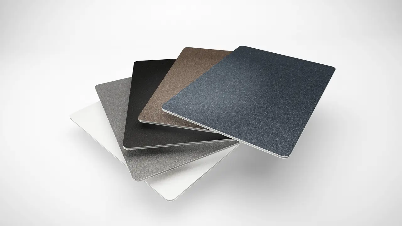 Die PREFABOND Aluminium Verbundplatten  gibt es jetzt in fünf neuen P.10 Farben.  Die einzelnen Farbmuster liegen wie ein  Fächer übereinander.