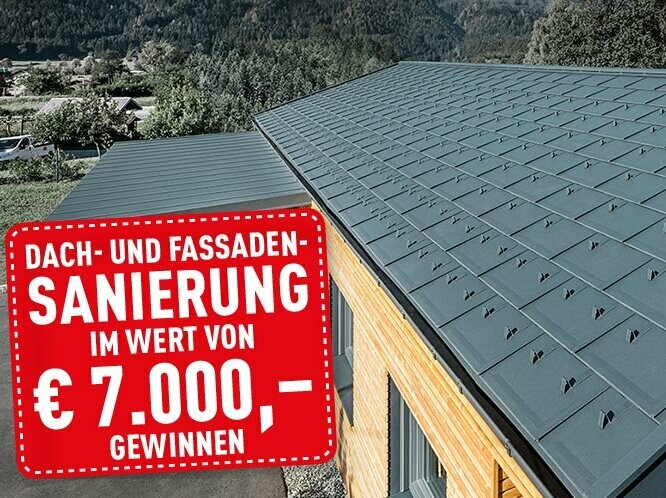 Oberansicht eines PREFA Aluminiumdaches, verlegt wurde die Dachplatte R.16 in Anthrazit, Gewinnspiel