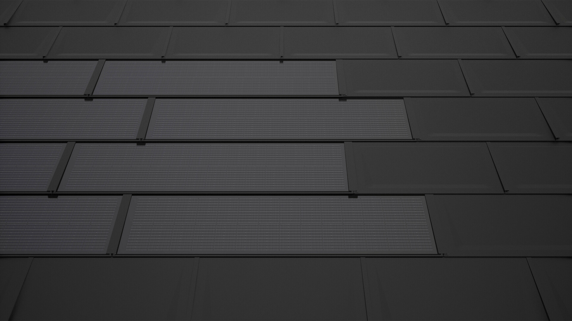 Das Bild zeigt PREFA Solardachplatten in Schwarz, montiert auf einem Dach, kombiniert mit der PREFA Dachplatte R.16. Die Solarmodule sind in gleichmäßigen Reihen angeordnet.