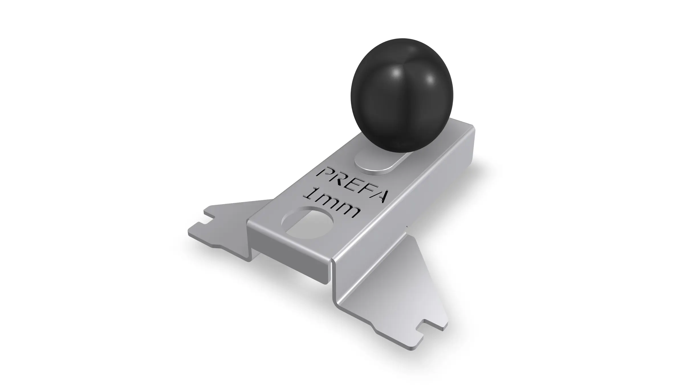 Das Bild zeigt eine Montagehilfe für einen Sturmsicherungsclip von PREFA, spezifiziert mit einer Dicke von 1 mm. Diese Hilfsmittel sind Teil des Befestigungssystems von PREFA für das Fassadenpaneel Siding.X. Am Produkt ist die Marke „PREFA“ sowie die angegebene Dicke eingraviert.