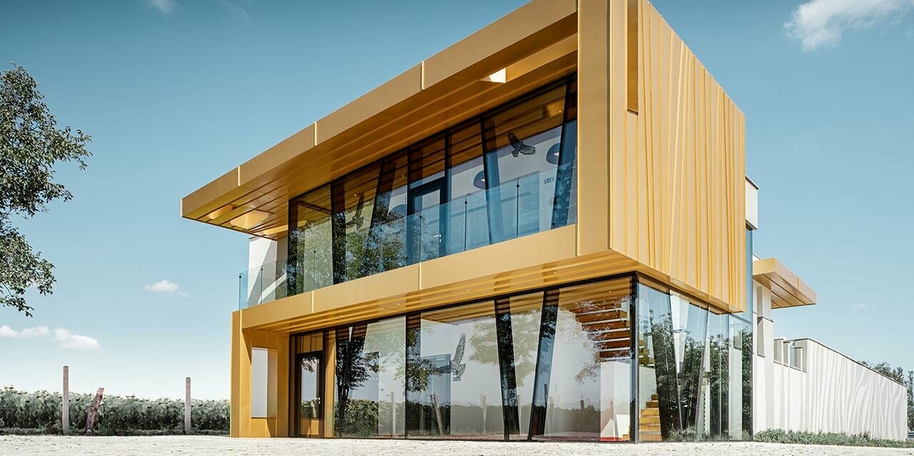 Neu gebautes Weingut Rúbaň mit großen Glasflächen und einer Aluminiumfassade in mayagold