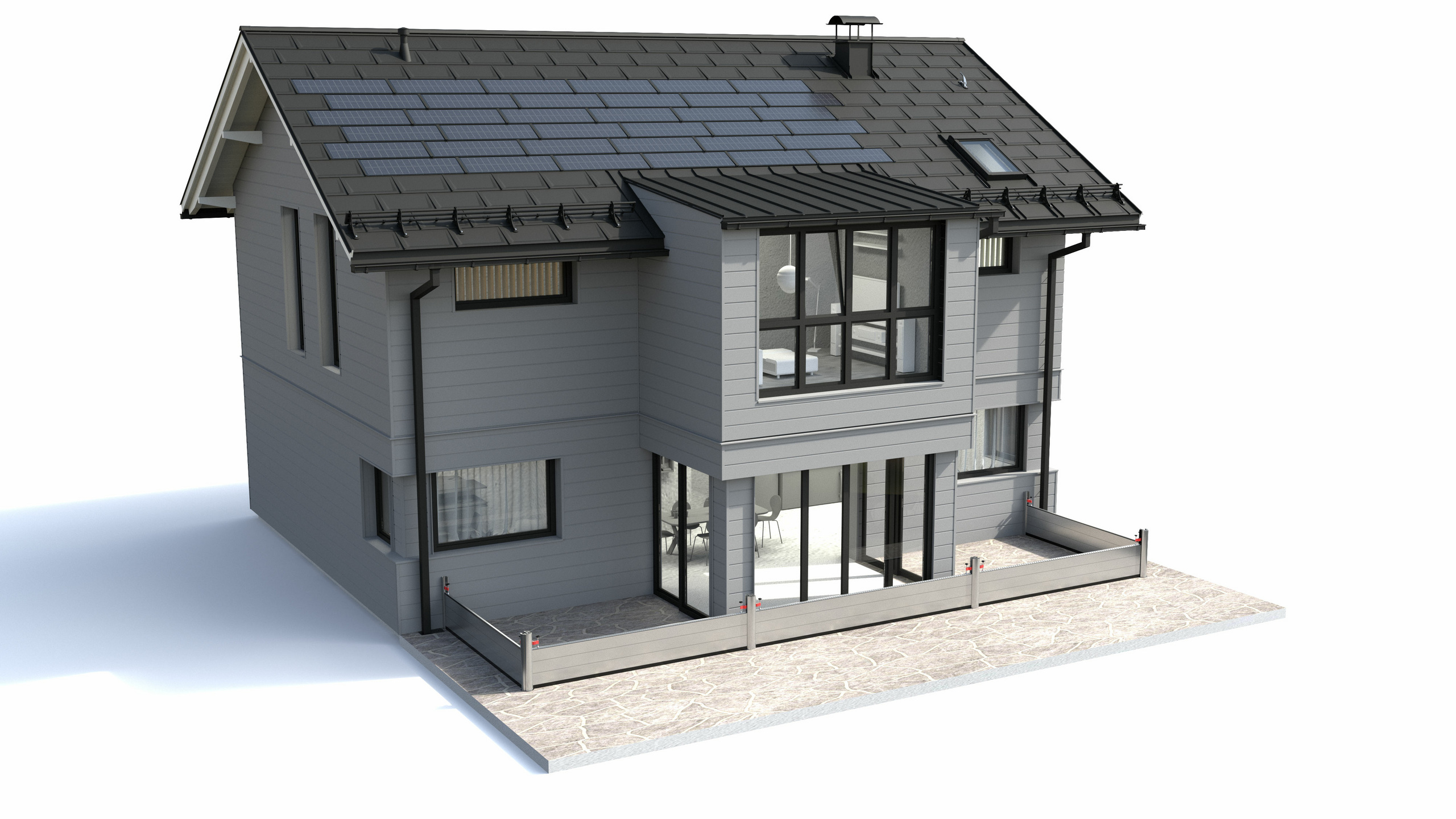 PREFA Komplettsystem mit Dachplatte R.16, Solardachplatte, Siding Fassade, Dachentwässerung und Hochwasserschutz