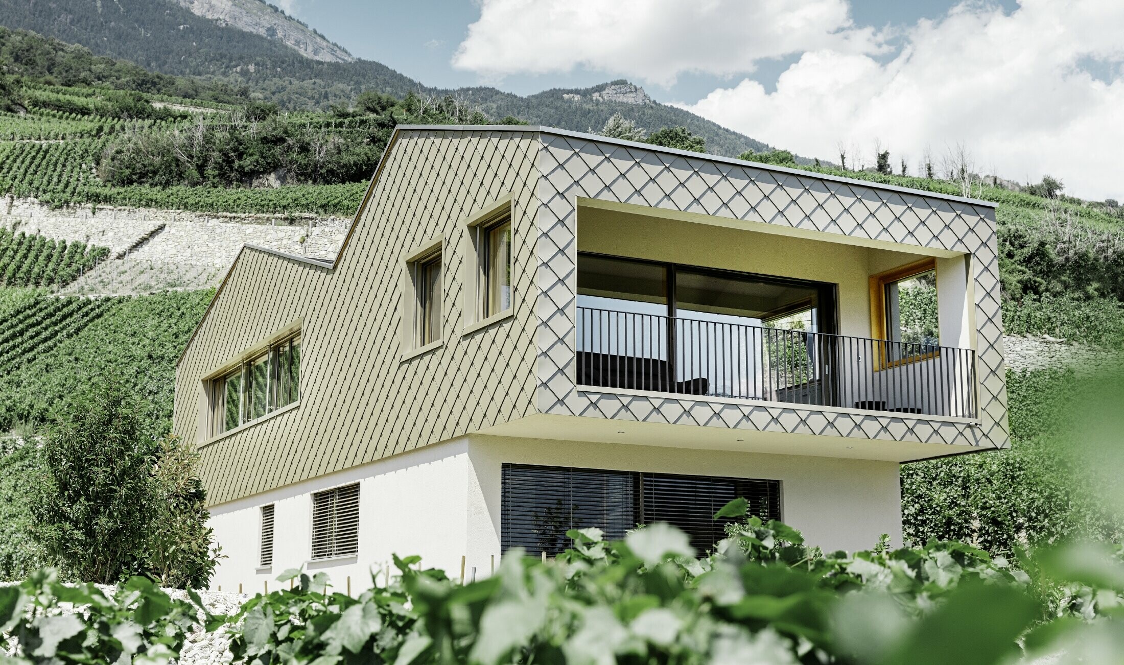 modernes Einfamilienhaus mitten in den Weinbergen des Rhônetals mit 4 unterschiedlichen Dachflächen und offener Galerie mit einer Rautenfassade in bronze