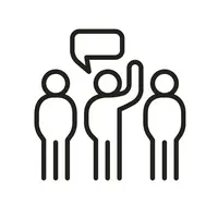 Grafik mit drei Personen. Die mittlere Person hält eine Hand hoch und winkt. Von der Person geht eine Sprechblase aus. 