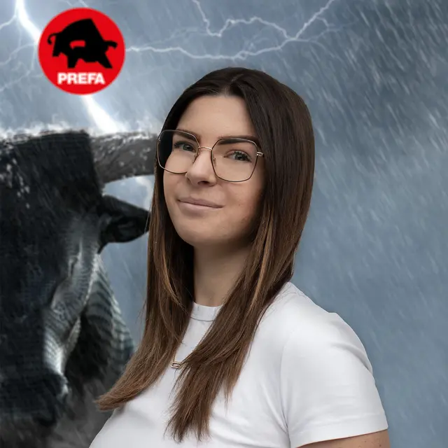 Auf dem Bild sieht man die aktuelle Marketing Koordinatorin für Content und Projekte vor einem Hintergrund mit Stier im Gewitter und dem PREFA-Logo in der linken oberen Bildecke.