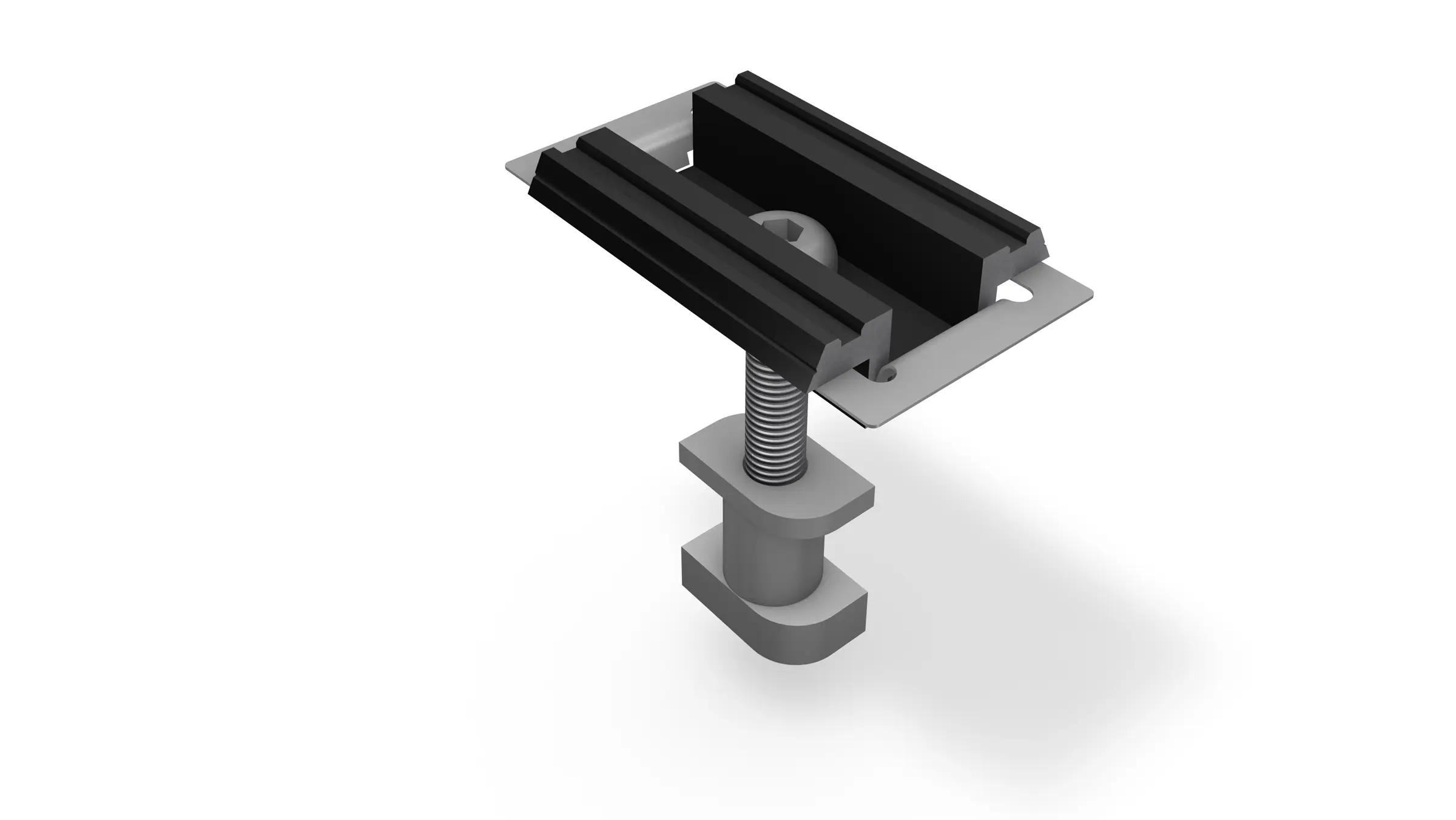 3D-Modell einer mittleren Klemme in Schwarz, eloxiert, dargestellt in einer Isometrischen Ansicht. Die Klemme besteht aus einer oberen und unteren Halterung verbunden durch eine zentrale Gewindestange mit einer Mutter und Unterlegscheibe. Die obere Halterung ist für die Befestigung von Photovoltaikanlagen vorgesehen, während die Basis die Montage auf einem PREFA Dachsystem ermöglicht.