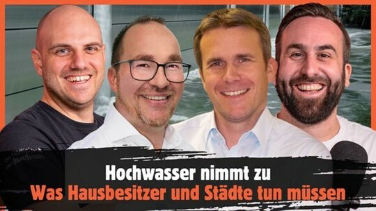 Teaser-Bild. Julian Stein, Alexander Dörr, Tobias Götz und  Fabio Gentile sprechen im Podcast über Hochwasserschutz.
