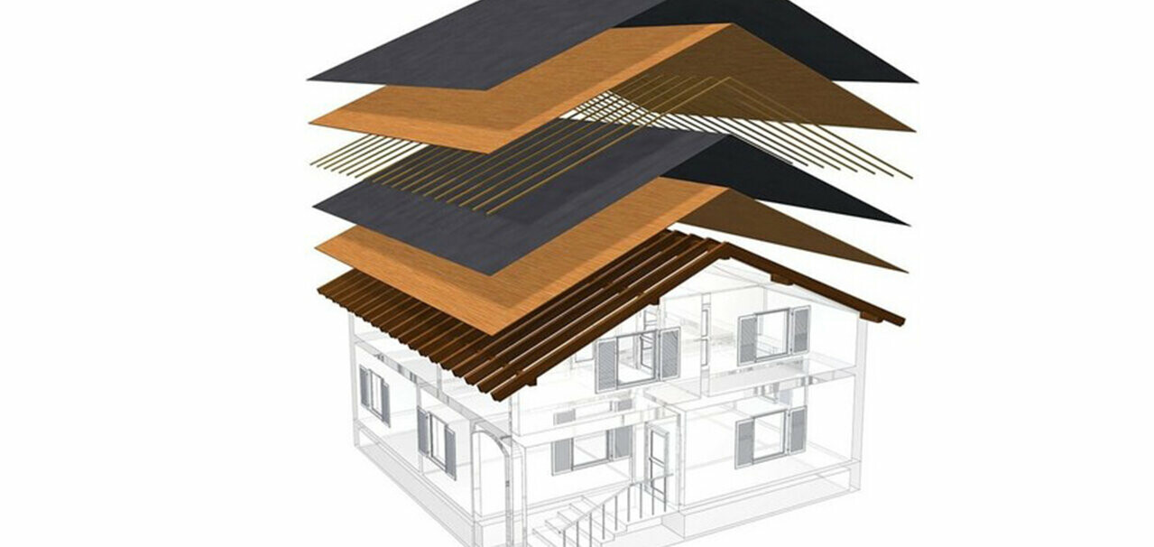 Technische Darstellung eines Dachaufbaus eines Kaltdaches, mehrschaliger Dachaufbau mit Lattung, Vollschalung, Trennlage, Dachstuhl; Dachboden kann als Wohnraum genutzt werden; zweischaliger Dachaufbau, belüftete Dachkonstruktion; Konterlattung