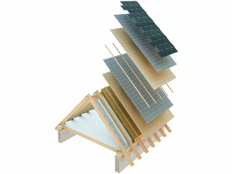 Technische Darstellung eines Dachaufbaus eines Kaltdaches, mehrschaliger Dachaufbau mit Lattung, Vollschalung, Trennlage, Dachstuhl; Dachboden kann als Wohnraum genutzt werden; zweischaliger Dachaufbau, belüftete Dachkonstruktion; Konterlattung