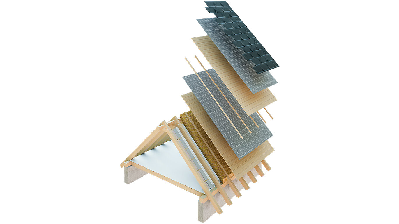 Technische Darstellung eines Dachaufbaus eines Kaltdaches, mehrschaliger Dachaufbau mit Lattung, Vollschalung, Trennlage, Dachstuhl; Dachboden kann als Wohnraum genutzt werden; zweischaliger Dachaufbau, belüftete Dachkonstruktion; Konterlattung