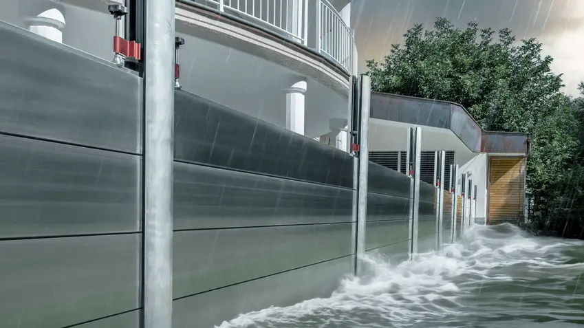 Nahaufnahme des PREFA Hochwasserschutzes aus Aluminium, der stets Hochwasser-Katastrophen Stand hält und das Einfamilienhaus im Hintergrund schützt.