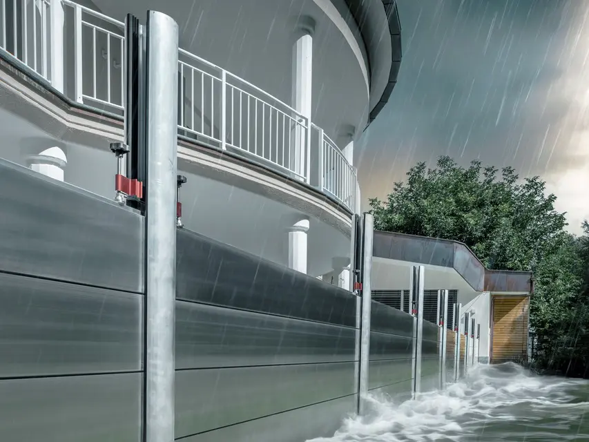 Nahaufnahme des PREFA Hochwasserschutzes aus Aluminium, der stets Hochwasser-Katastrophen Stand hält und das Einfamilienhaus im Hintergrund schützt.