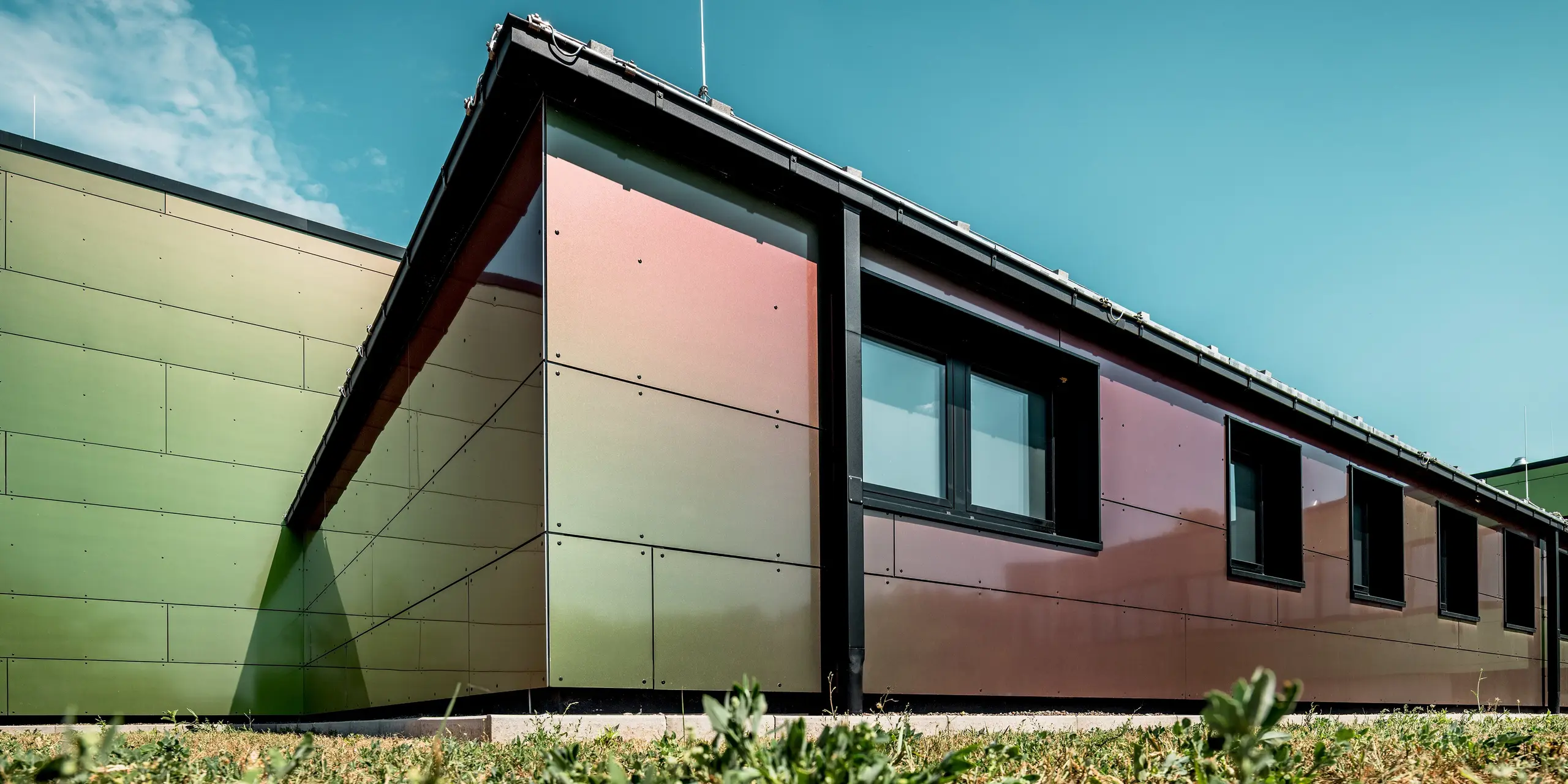 Markante Architektur unter strahlend blauem Himmel: Die Johannwolfschule Angerstein beeindruckt mit einem langgezogenen Gebäudetrakt, markantem Flachdach mit begrünter Dachfläche und dunklen Fensterrahmen. Die schimmernde PREFA Fassade aus Aluminium Verbundplatten in der Sonderfarbe Spring Lake wechselt zwischen Grün-, Bronze- und Rottönen. Die großformatigen Platten betonen die klare Linienführung, während die Dachentwässerung das moderne Erscheinungsbild harmonisch ergänzt.