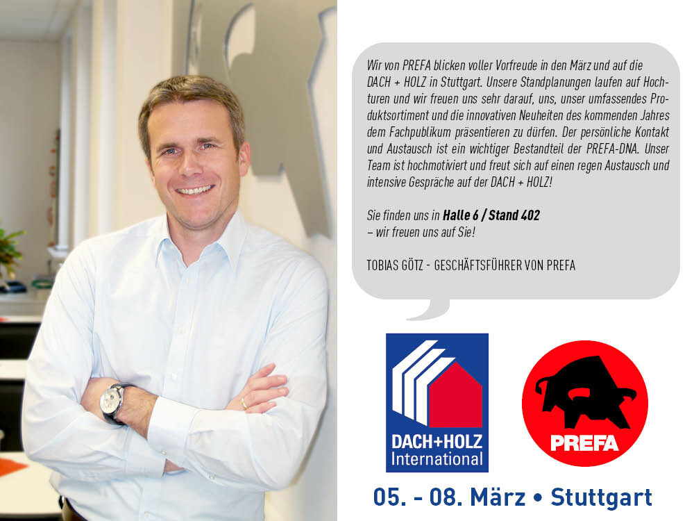 Aussage des Geschäftsführers von PREFA Deutschland Tobias Götz zur diesjährigen Dach und Holz in Stuttgart im März 2024. 