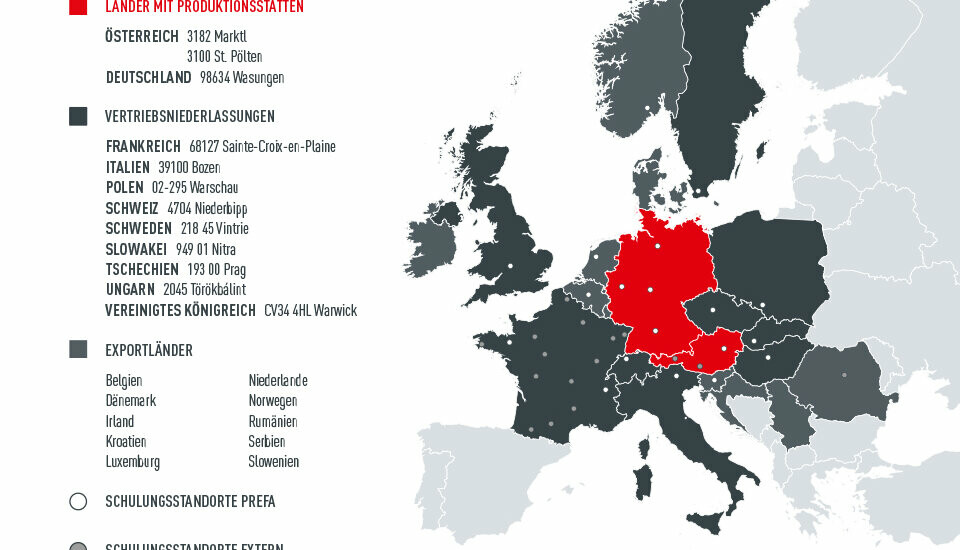 Legende: Die Europakarte zeigt die PREFA Produktionsstätten, Ländern, Vertriebsniederlassungen und Schulungszentren
