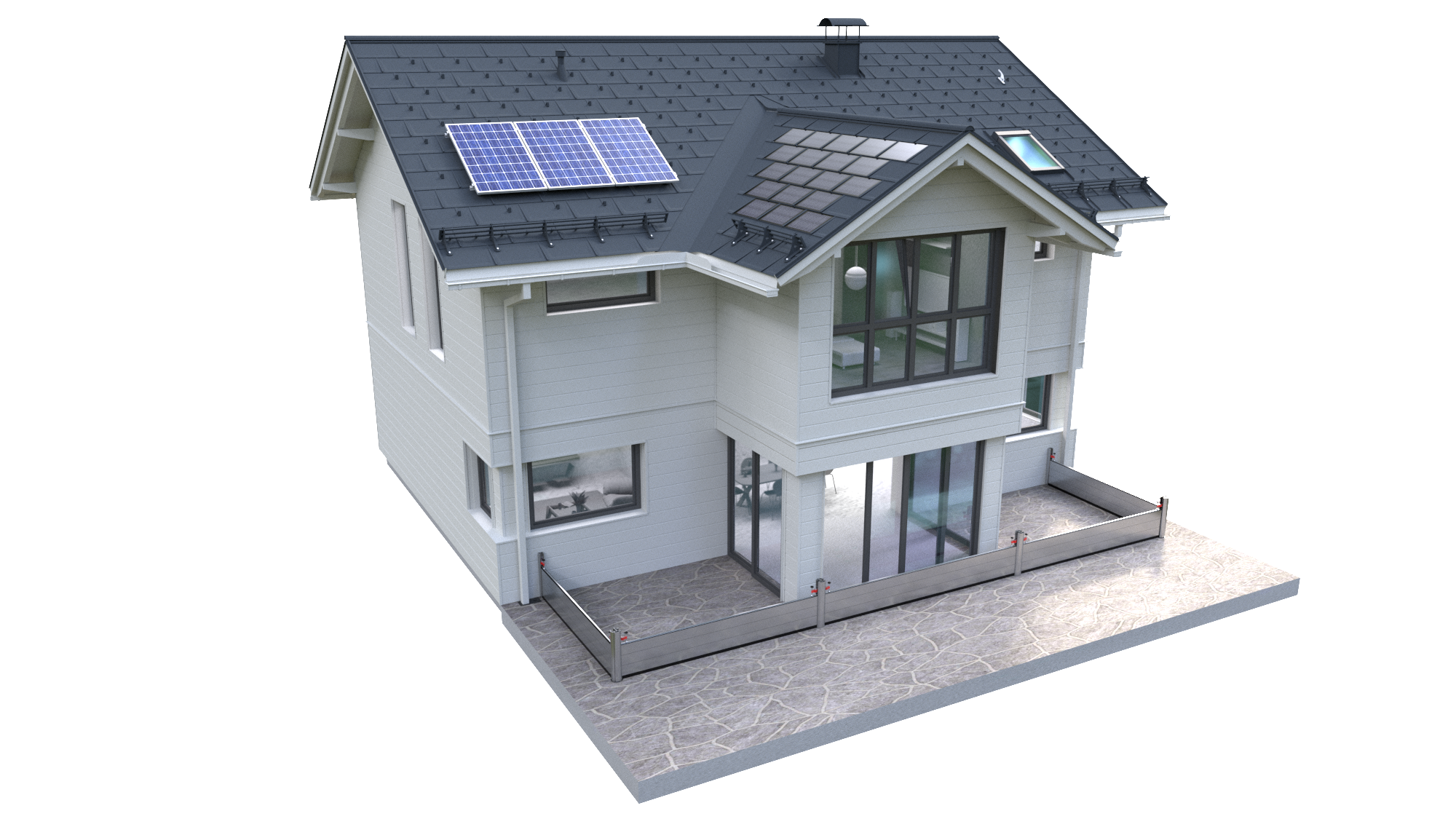 Das PREFA Komplettsystem, dargestellt an einem weißen Haus mit grauen Dachplatten, inklusive PV-Aufdach-Lösung und Solardachplatte