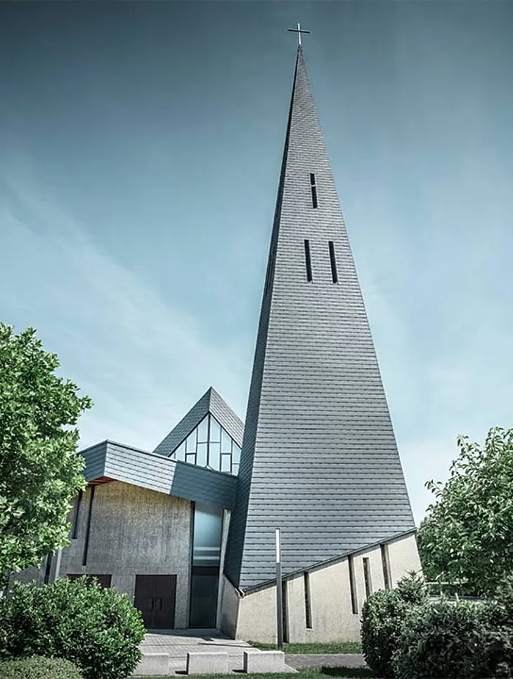 Glockenturm der Kirche Langenau als spitzer Turm mit anthrazitfarbenen Dachschindeln von PREFA eingedeckt.