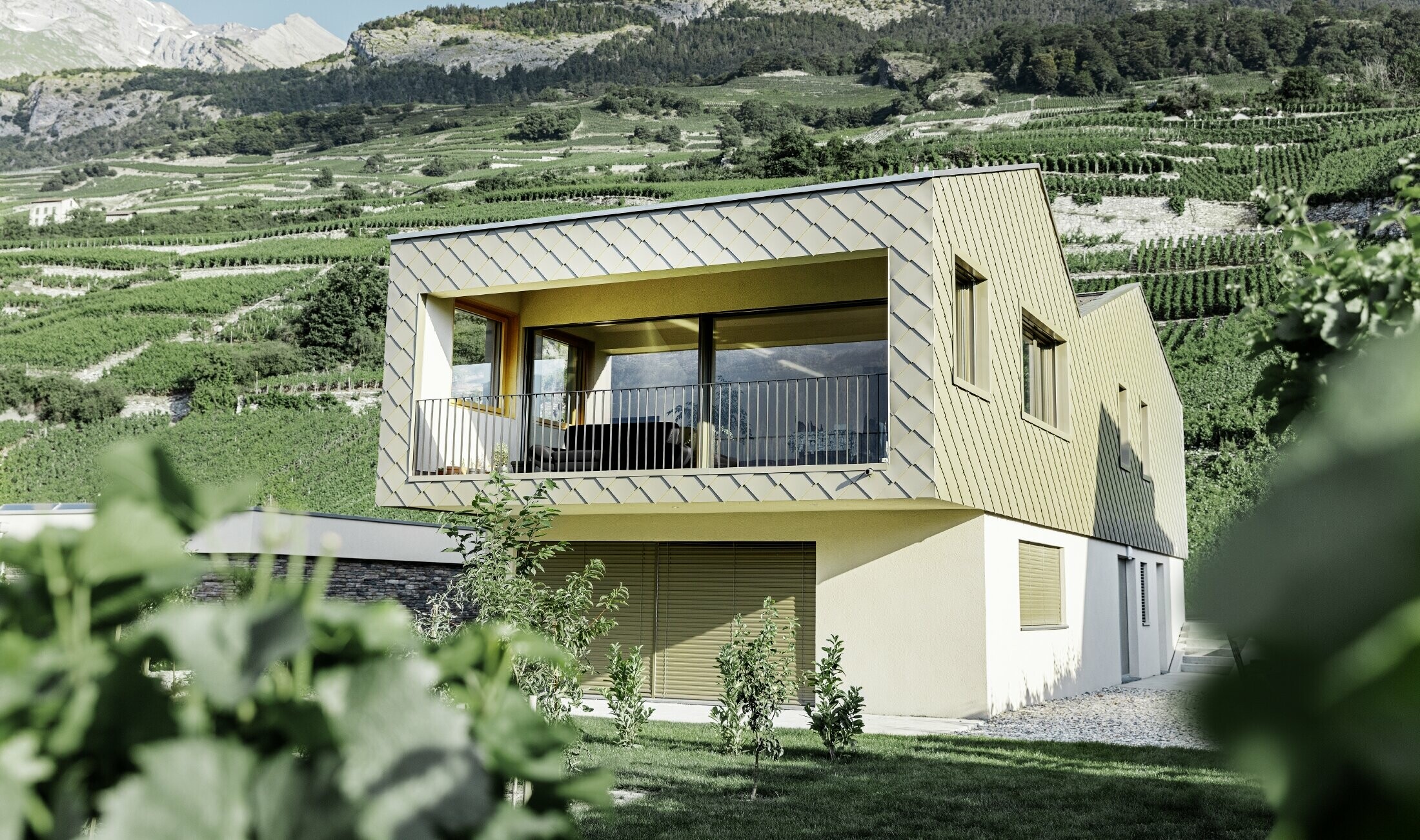 modernes Einfamilienhaus mitten in den Weinbergen des Rhônetals mit 4 unterschiedlichen Dachflächen und offener Galerie mit einer Rautenfassade in bronze