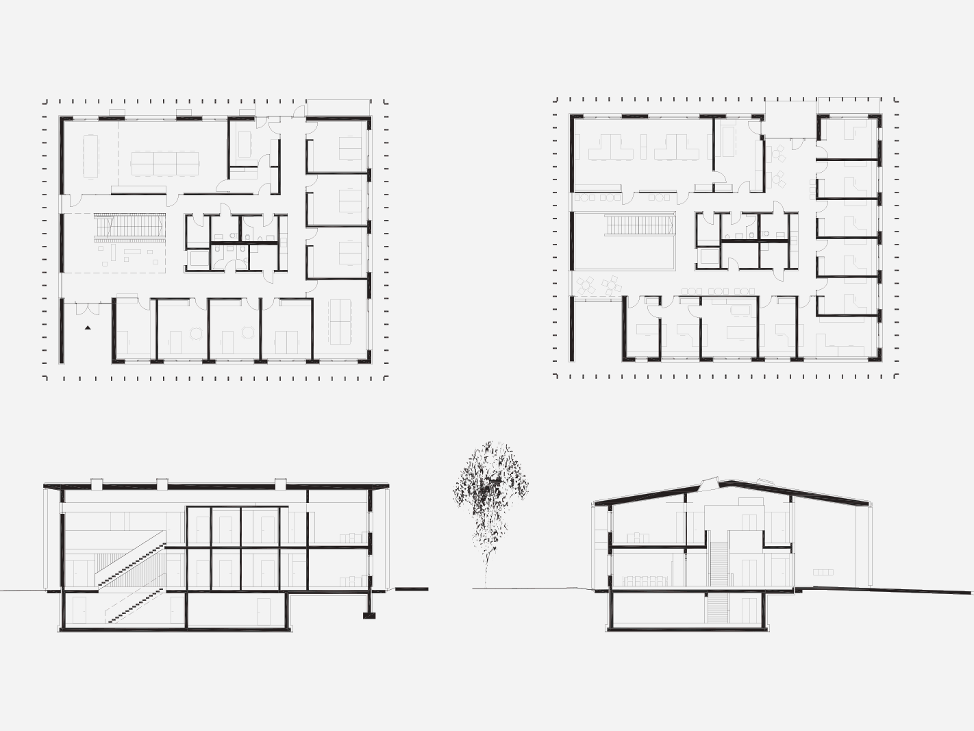 Auf dem Bild sind 4 Skizzen des Argikulturzentrums zu sehen. Es werden verschiedene Ansichten gezeigt, sowie die innere Struktur des Gebäudes.