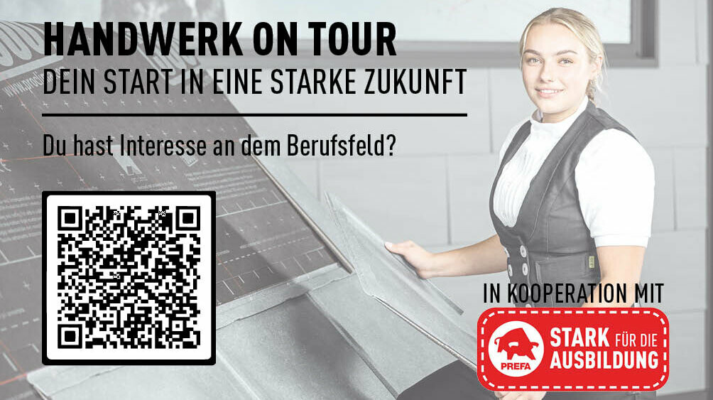 Die Visitenkarte der Handwerker-Tour 2025 von Dachdeckermeisterin Fabienne Ellermeier. Darauf abgebildet ist der QR-Code, über den sich die Schülerinnen und Schüler registrieren können, wenn sie mit Ausbildungsbetrieben in Verbindung gesetzt werden wollen.