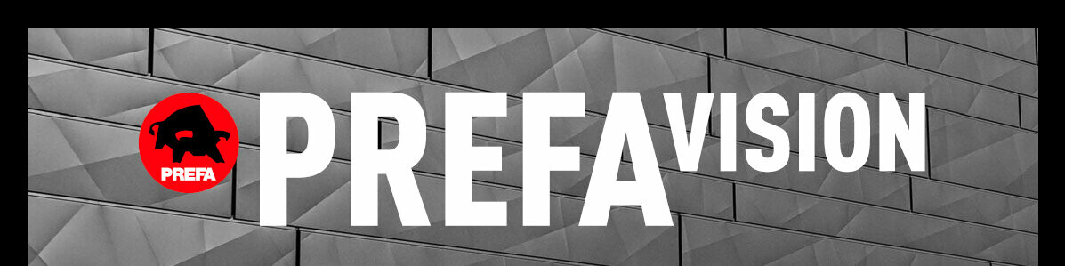 Zu sehen ist das PREFA Logo sowie die Aufschrift "PREFA Vision" auf einer Siding-Fassade, welches die neue Ausgabe der PREFA Vision Serie symbolisiert. 