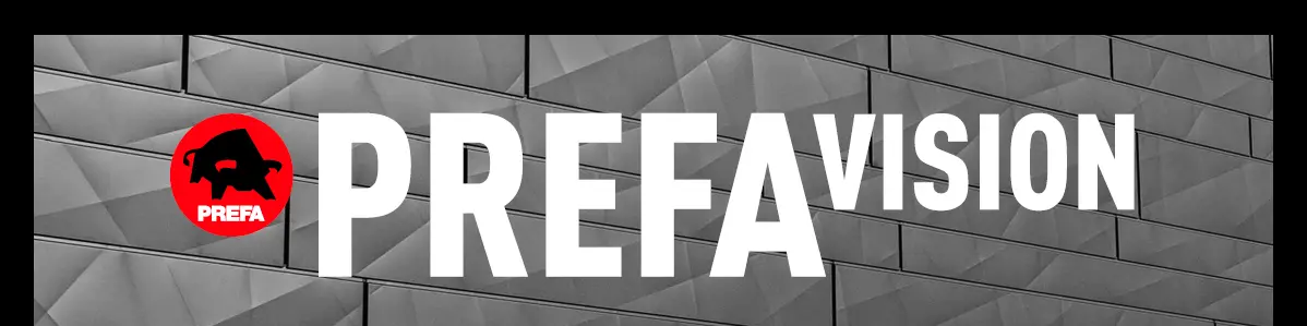 Zu sehen ist das PREFA Logo sowie die Aufschrift "PREFA Vision" auf einer Siding-Fassade, welches die neue Ausgabe der PREFA Vision Serie symbolisiert. 