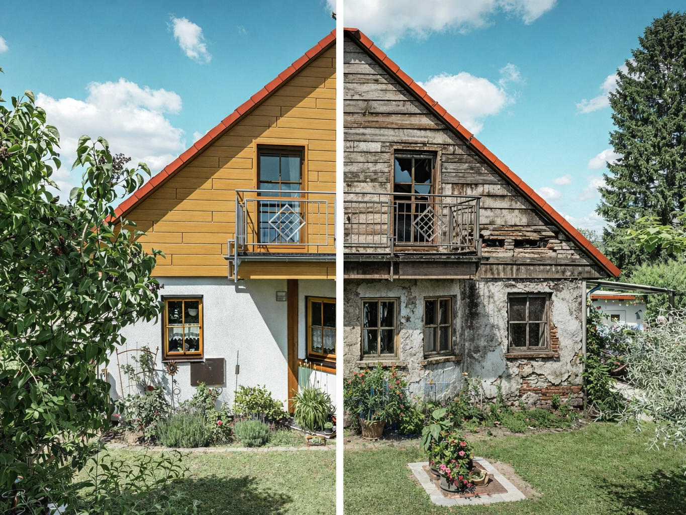 Fotografische Darstellung eines Hauses mit zwei unterschiedlichen Fassadenseiten: Die linke Seite zeigt eine moderne, gut gepflegte Fassade mit einer PREFA Alufassade in Holzoptik, während die rechte Seite eine sanierungsbedürftige, verwitterte Fassade mit zerbrochenen Fenstern und abblätternder Farbe darstellt. Eine deutliche Trennlinie markiert den Übergang zwischen den beiden Zuständen, unter einem klaren blauen Himmel.