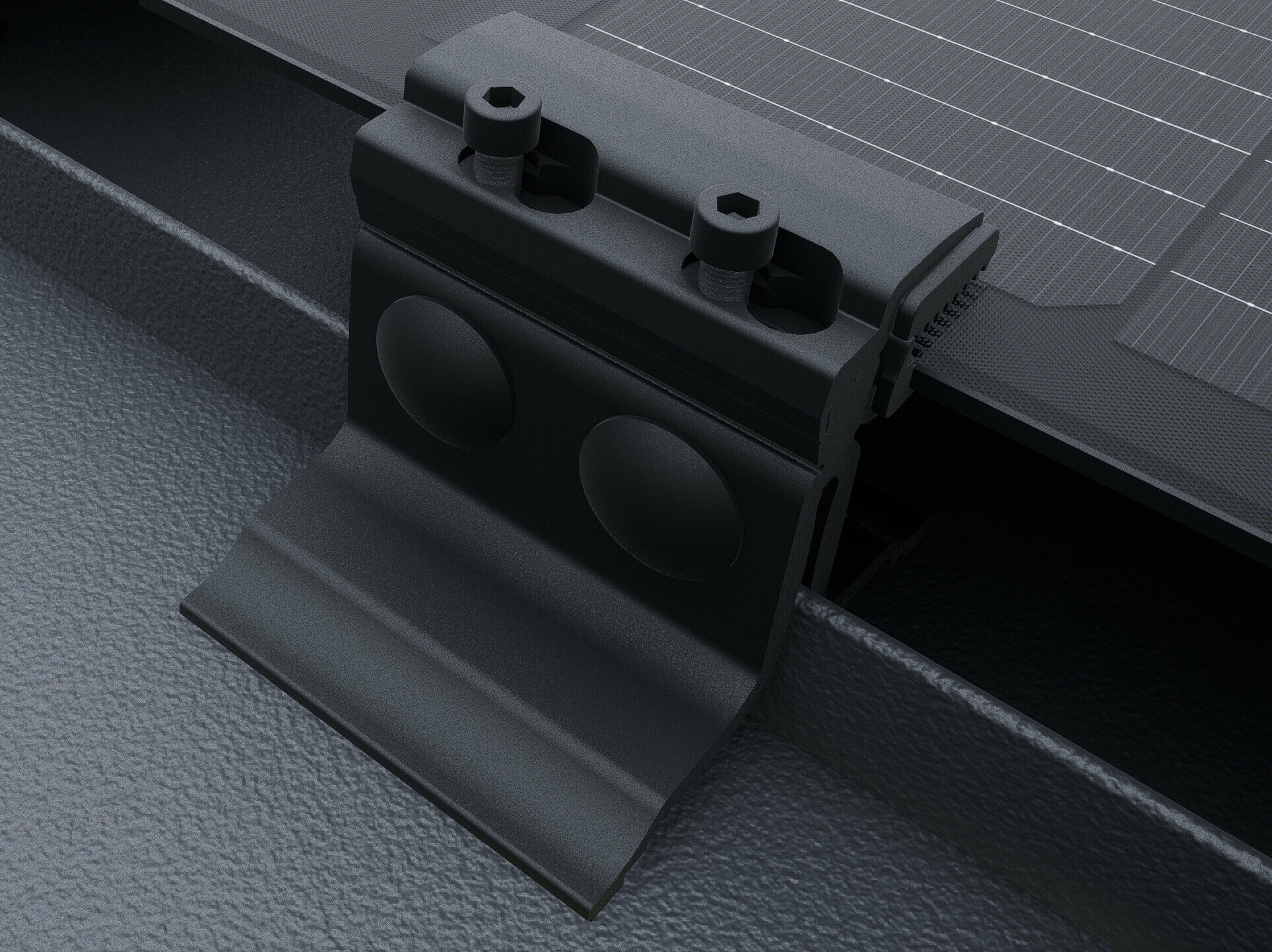 Nahaufnahme des PREFALZ Solarmoduls mit Endklemmen in Schwarz. Die Module sind am PREFALZ Dachsystem, direkt auf den Falzen, montiert. 