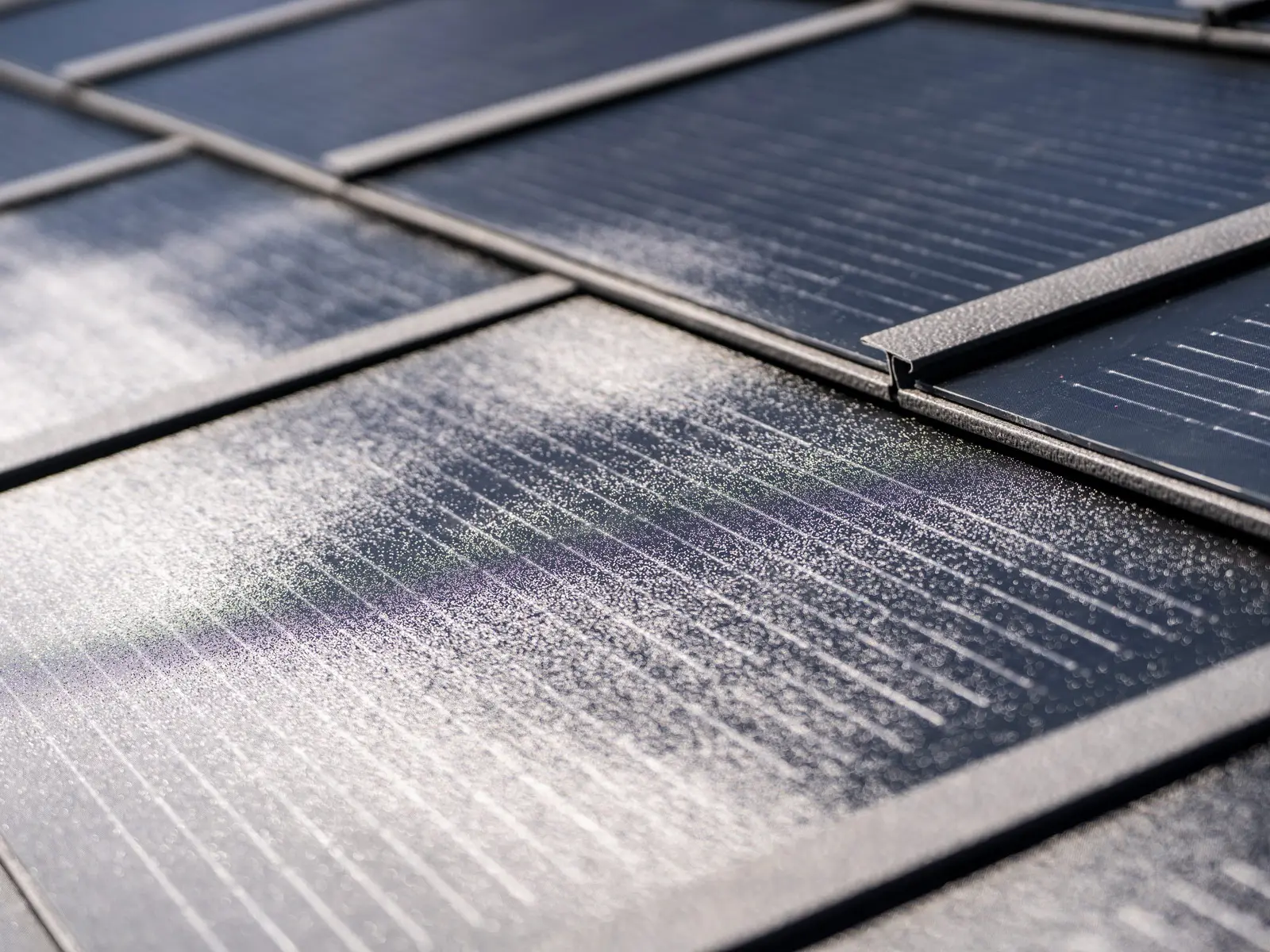 Nahaufnahme der verlegten PREFA Solardachplatte klein und Dachplatte R.16 in der Farbe P.10 Dunkelgrau