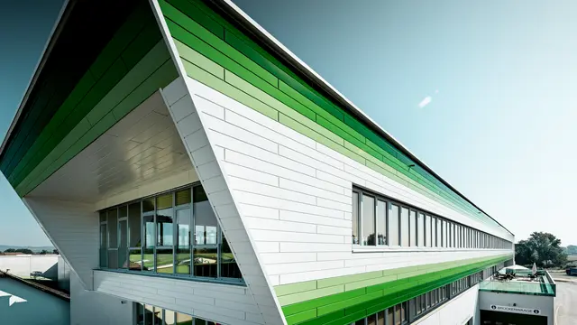 Weitläufige Ansicht des Firmengebäudes der efko Frischfrucht und Delikatessen GmbH mit markanter PREFA Siding-Fassade in P.10 Prefaweiß und individuellen grünen RAL-Sonderbeschichtungen. Die horizontalen Aluminiumprofile betonen die außergewöhnliche Gebäudelänge und schaffen ein dynamisches Fassadenbild. PREFA Aluminium steht für langlebige Qualität, hohe Witterungsbeständigkeit, Farbstabilität und eine wartungsarme Lösung für moderne Unternehmensarchitektur.