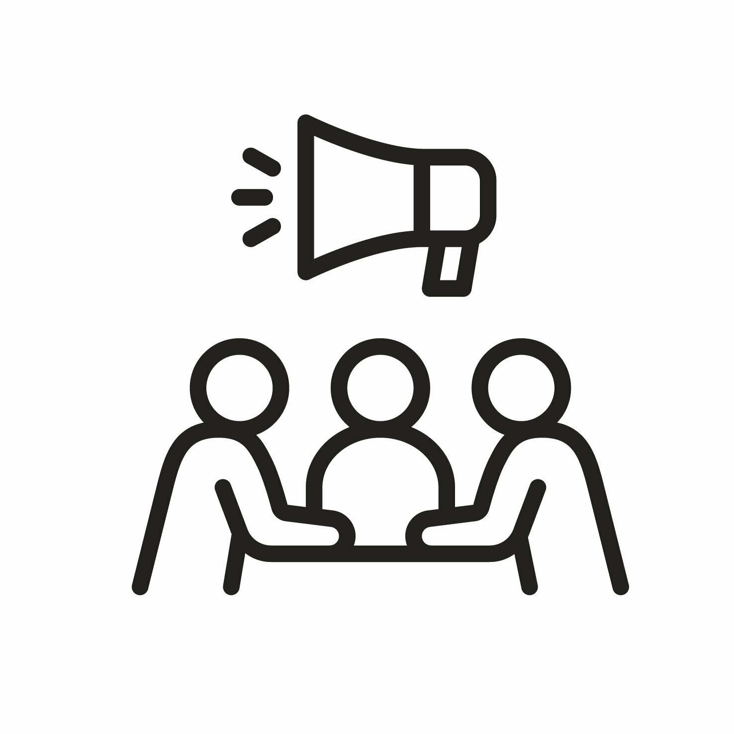 Icon mit einem Megaphon, das über drei Personen, die an einem Tisch sitzen, abgebildet ist.