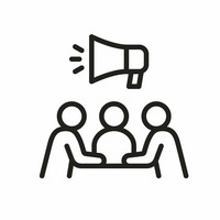 Icon mit einem Megaphon, das über drei Personen, die an einem Tisch sitzen, abgebildet ist.