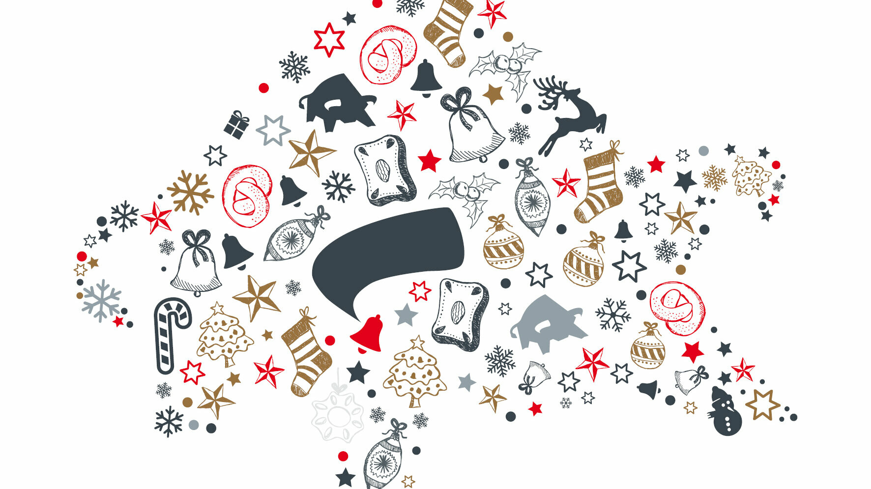 Ein PREFA Stier, wie im PREFA-Logo, aufgebaut aus verschiedenen weihnachtlichen Gegenständen in verschiedenen Grau-, Rot- und Goldtänen. In der linken oberen Ecke ist ein PREFA-Logo in dunkelgrau. 