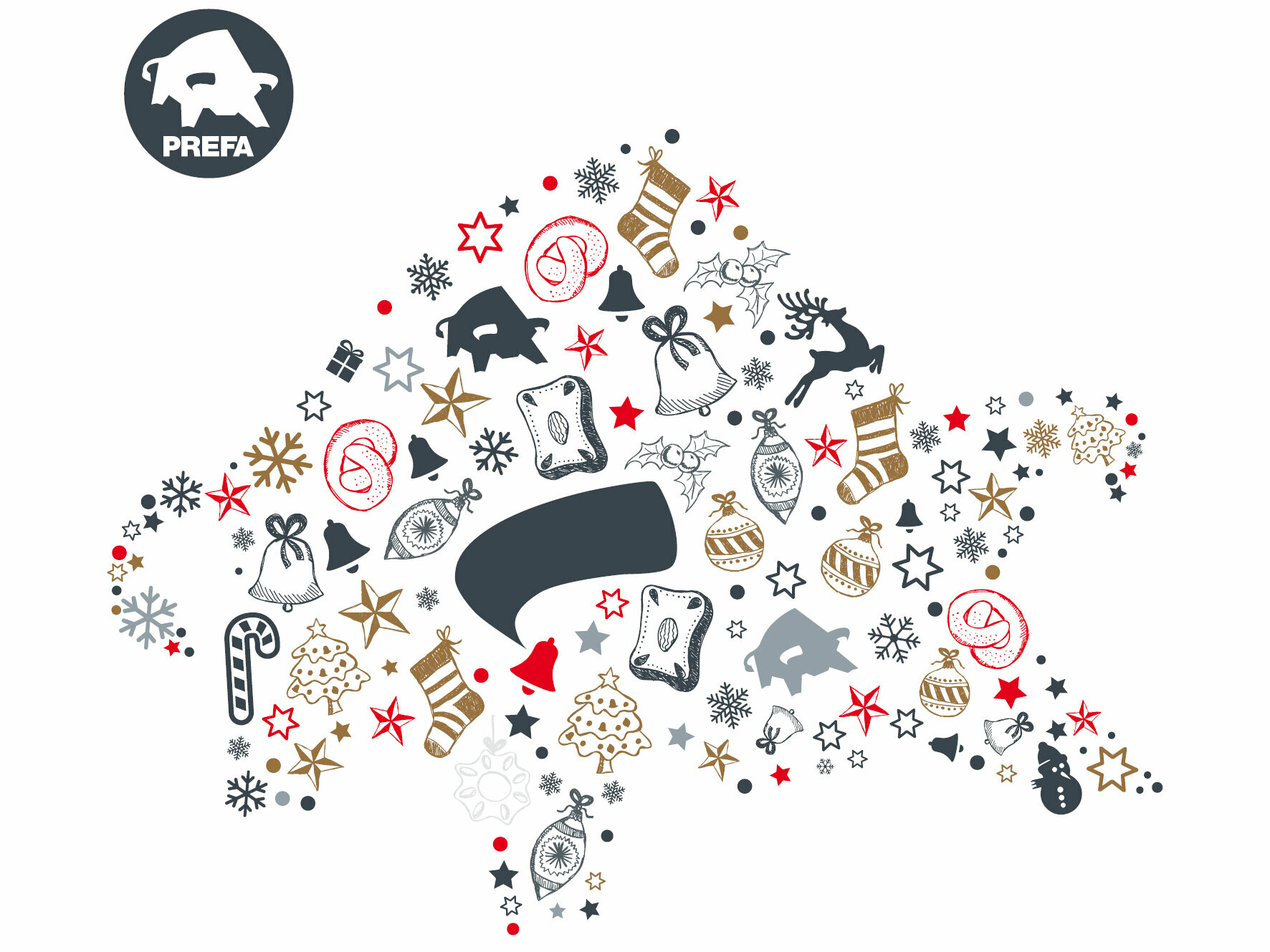 Ein PREFA Stier, wie im PREFA-Logo, aufgebaut aus verschiedenen weihnachtlichen Gegenständen in verschiedenen Grau-, Rot- und Goldtänen. In der linken oberen Ecke ist ein PREFA-Logo in dunkelgrau.