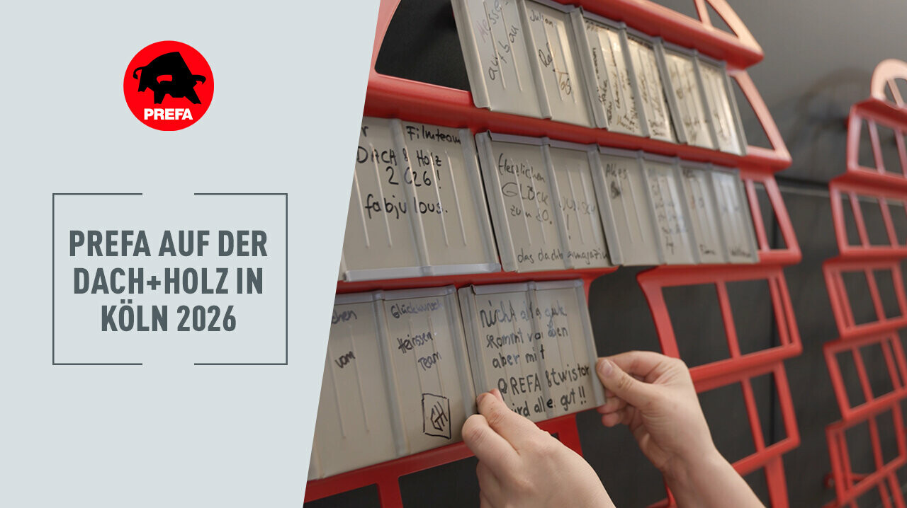 Thumbnail zum neuen PREFA Messefilm von der Dach + Holz 2026 in Köln. 