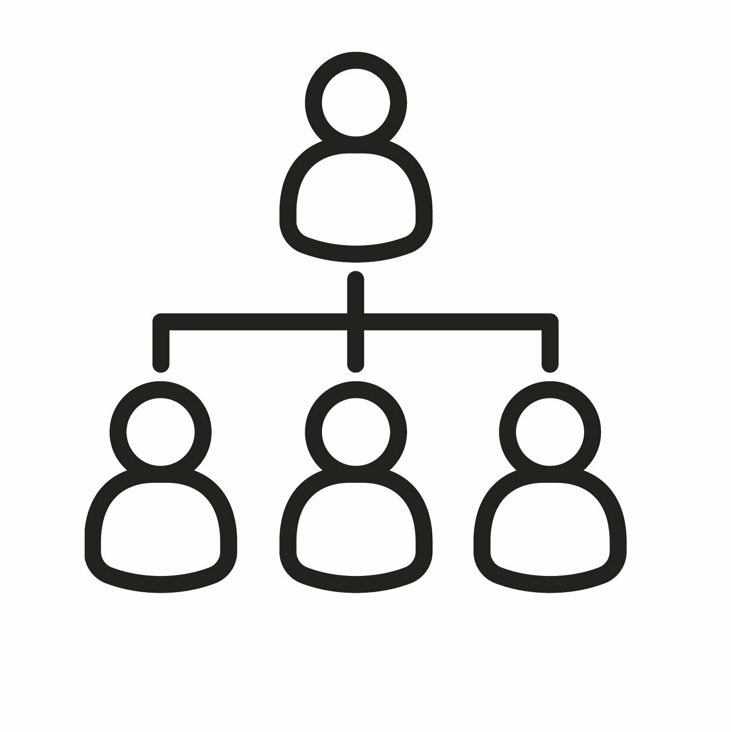 Grafik: Eine Person ist oben. Von dieser Person geht eine Verbindung zu den anderen drei Personen aus. Diese drei Personen unterstehen der vierten Person. 