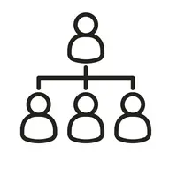 Grafik: Eine Person ist oben. Von dieser Person geht eine Verbindung zu den anderen drei Personen aus. Diese drei Personen unterstehen der vierten Person. 