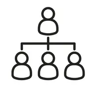 Grafik: Eine Person ist oben. Von dieser Person geht eine Verbindung zu den anderen drei Personen aus. Diese drei Personen unterstehen der vierten Person. 