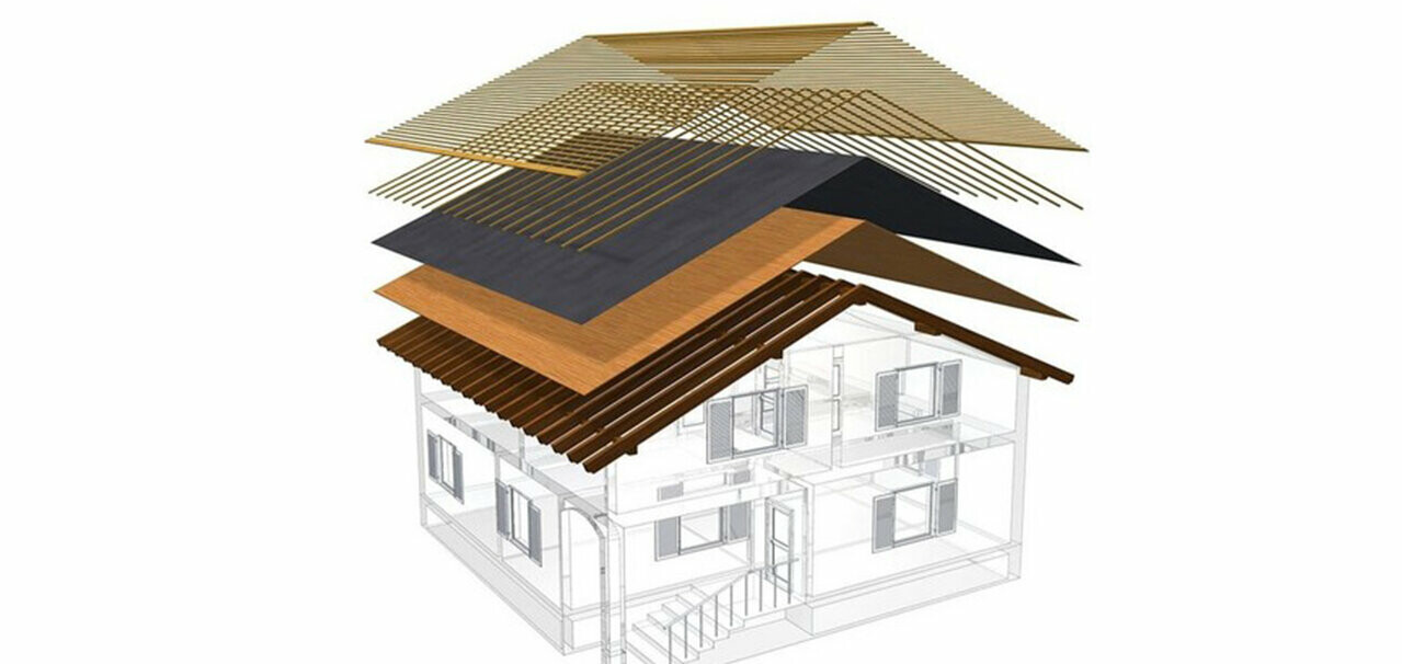 Technische Darstellung eines Dachaufbaus eines Kaltdaches, mehrschaliger Dachaufbau mit Lattung, Vollschalung, Trennlage, Dachstuhl; Dachboden kann als Wohnraum genutzt werden; zweischaliger Dachaufbau, belüftete Dachkonstruktion; Konterlattung