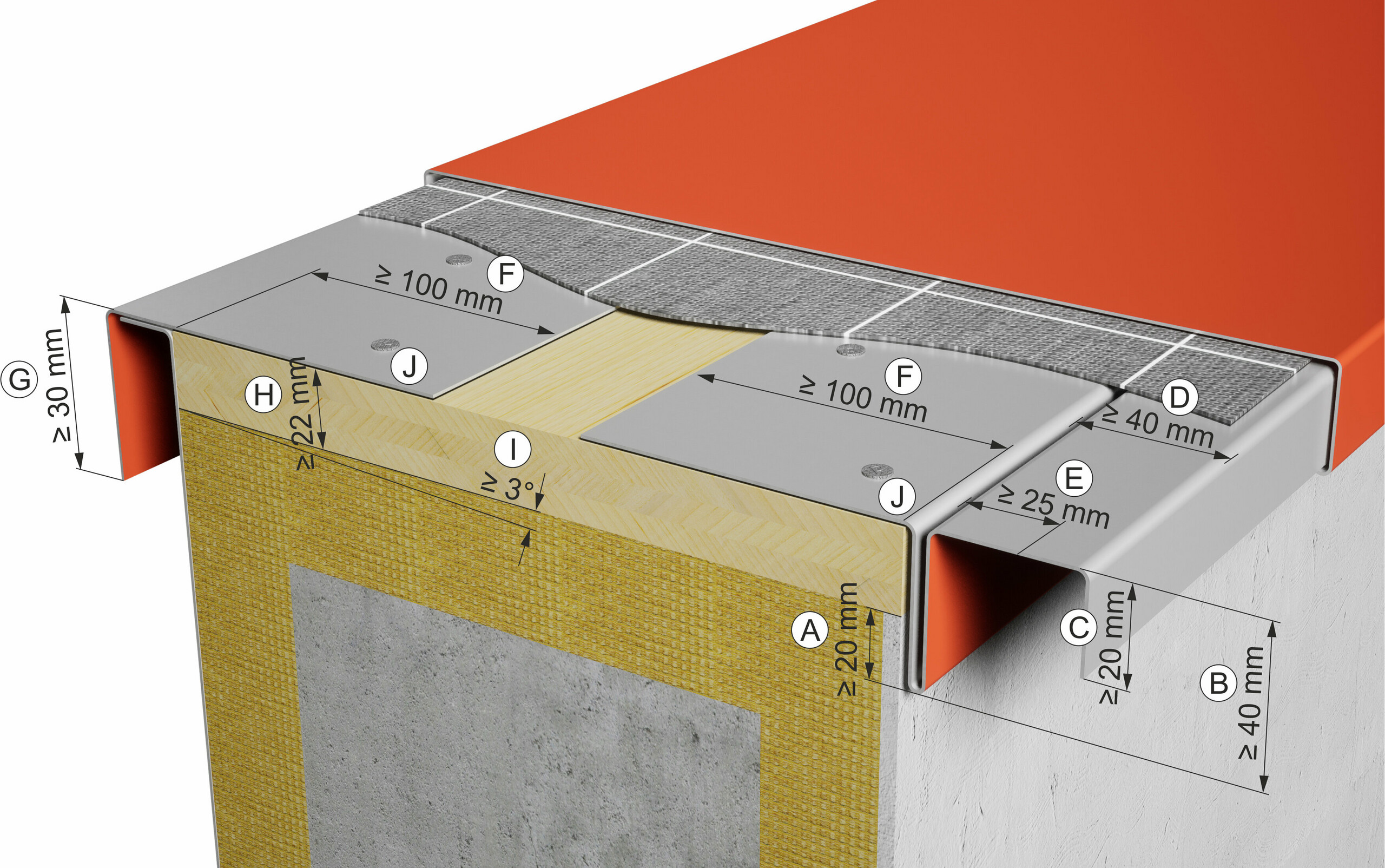Detailzeichnung einer PREFA Attikaabdeckung aus Aluminium mit Maßangaben zu Gefälle, Tropfnase und Haltestreifen