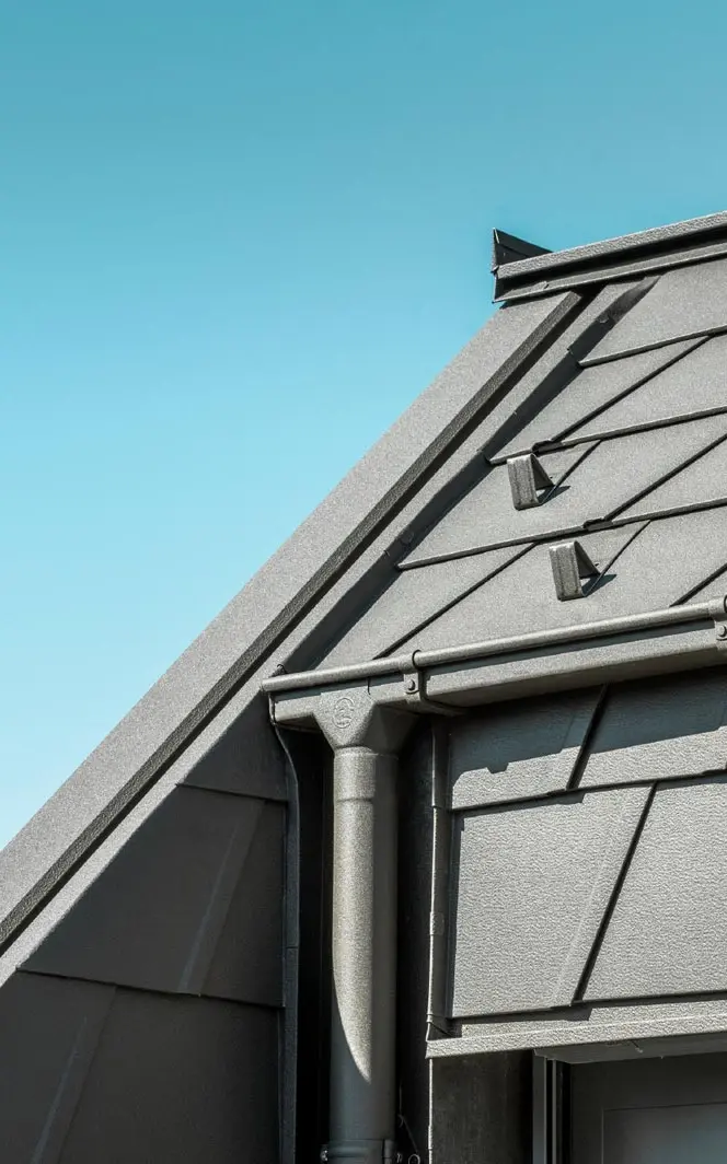 Dach mit PREFA Aluminiumdachplatten und modernen Regenrinnen, die eine hohe Langlebigkeit und ästhetische Funktionalität bieten, vor einem klaren blauen Himmel.