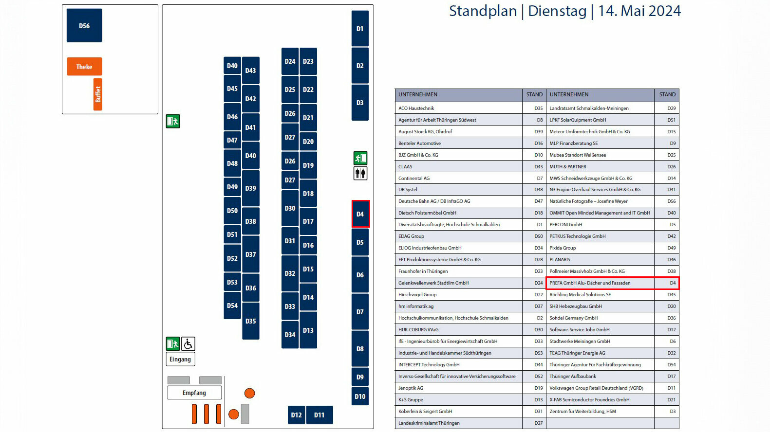 Standplan der 23. Karrieremesse auf dem Campus der Hochschule Schmalkalden. Der Stand der PREFA ist rot markiert.