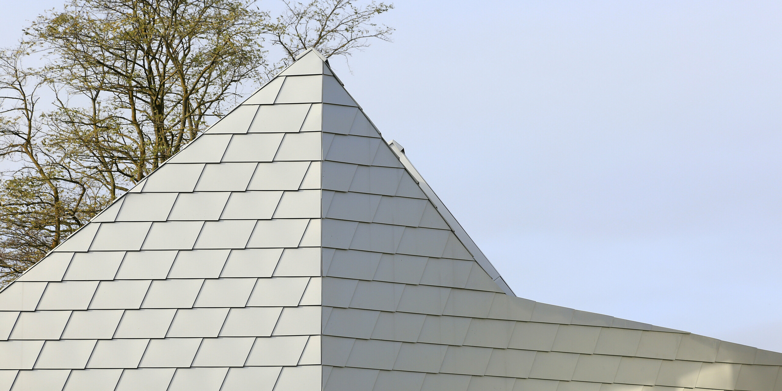 Gebäudekante des Tierheims in Mullhouse verkleidet mit PREFA Dach- und Wandschindeln aus Aluminium
