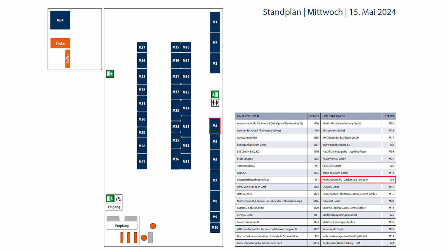 Standplan der 23. Karrieremesse auf dem Campus der Hochschule Schmalkalden. Der Stand der PREFA ist rot markiert.