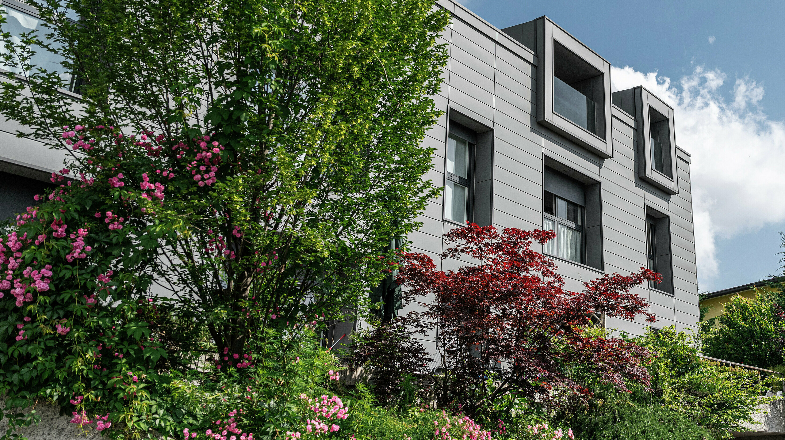 Moderne Wohnanlage in Faloppio, Italien, mit stilvoller Fassade aus PREFA Sidings. Die auskragenden Fenster bieten einen einzigartigen architektonischen Blickfang, während die umliegenden Pflanzen und Blumen die natürliche Schönheit des Objektes unterstreichen. Die langlebige Aluminiumverkleidung von PREFA sorgt für eine ästhetische und funktionelle Lösung bei jeder Witterung.