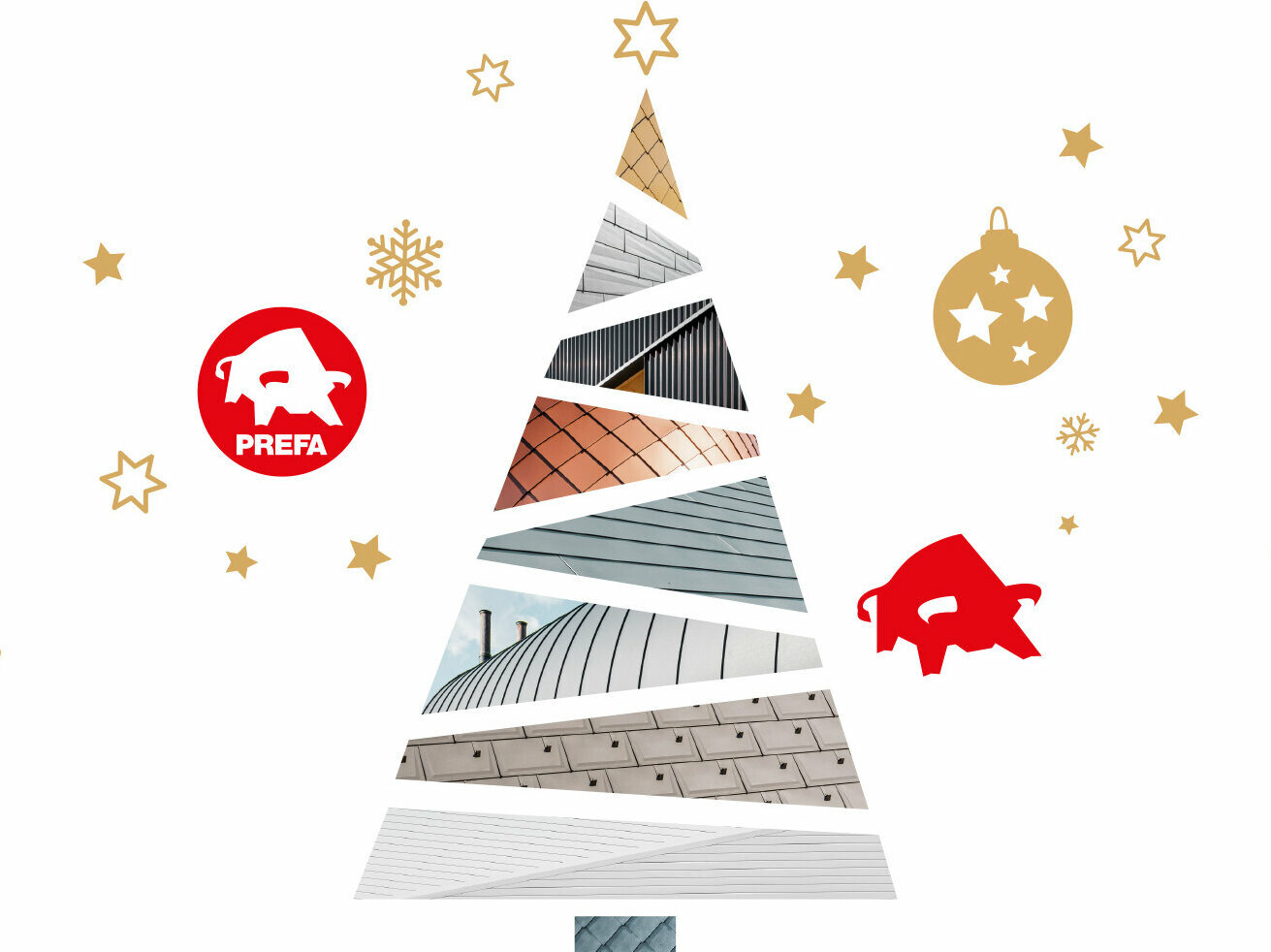 PREFA-Weihnachtsbaum, verkleidet mit verschiedenen PREFA Dach- und Fassadensystemen. Rund herum fliegen Schneeflocken, Sterne, Weihnachtskugeln und das PREFA-Logo. 
