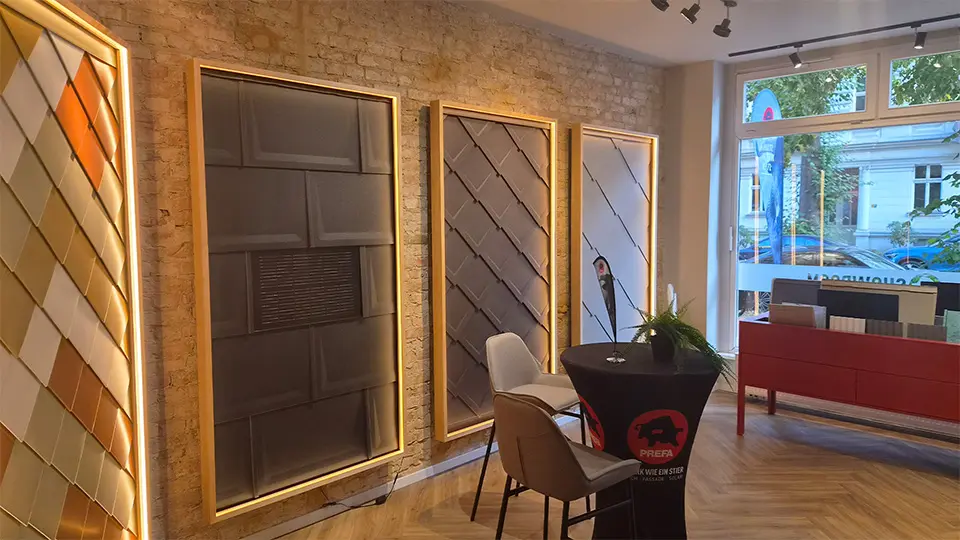 Innenansicht des PREFA Showrooms in Berlin mit beleuchteten Produktwänden mit verschiedenen PREFA-Fassadensystemen sowie einzelnen Produktmustern und einem Beratungsbereich mit Sitzgelegenheiten.